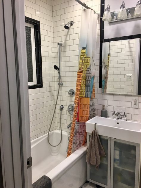 Nyc Apartment Bathroom, Small Rental Bathroom, Nyc Apartment Aesthetic, Rental Bathroom Makeover, City Bathrooms, Window In Shower, Bathroom Plans, Small Bathroom Renovation, White Bathroom Tiles