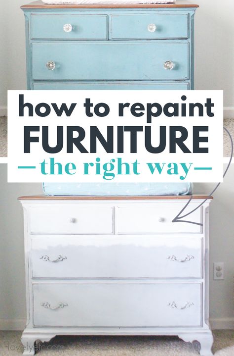 Learn how to repaint furniture with a beautiful paint finish that will last. Repainting furniture is actually a lot trickier than you might think. I'm sharing tips for dealing with chipping paint, how to paint over wax, how to deal with possible lead paint and more so you can get that perfect finish you're looking for. Repaint Dresser Diy How To Paint, Painting Over Painted Furniture, How To Paint Painted Furniture, What Type Of Paint To Use On Furniture, How To Repaint Dresser, Refinishing Painted Furniture, How To Paint Over Painted Furniture, How To Refinish Painted Wood Furniture, Paint For Furniture Best