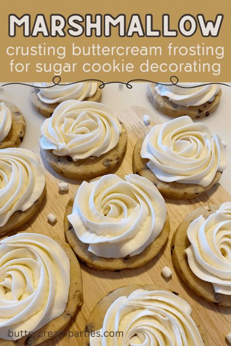 This marshmallow buttercream combines the nostalgic taste of marshmallow and the fun hobby of buttercream sugar cookie decorating together. You'll use an ingredient that does not alter the consistency of buttercream. This is how you are able to still decorate buttercream sugar cookies. The marshmallow flavor is the perfect amount and goes great with vanilla, chocolate, and s'mores cut out sugar cookie recipes, all found on the blog, buttercreamparties.com, as well! Enjoy! Crusting Buttercream Recipe For Cookies, Buttercream Sugar Cookie Decorating, Buttercream Cookie Decorating, Decorating Cookies With Buttercream, Cookie Trailer, Sugar Cookies Buttercream Frosting, Buttercream Frosting For Cookies, Cookie Buttercream Frosting, Buttercream Decorated Cookies