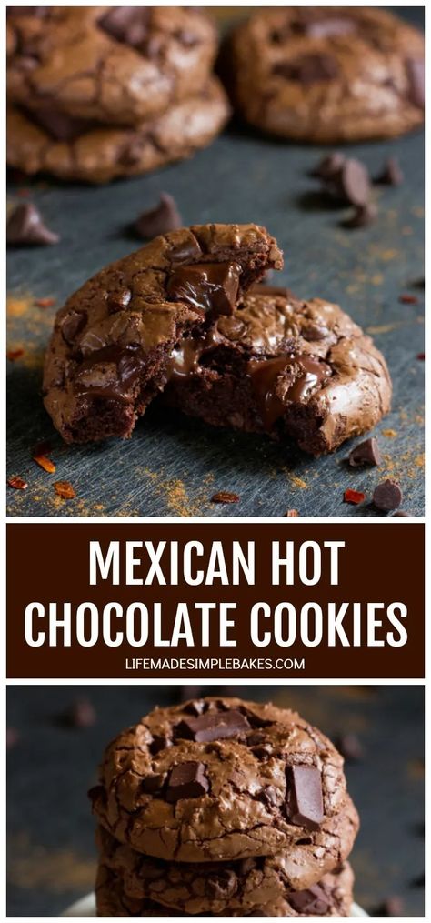 Deep, dark, and fudgy, these Mexican hot chocolate cookies are incredibly intense! Hints of cinnamon and chili pepper take these cookies to a whole to new level! #mexicanhotchocolatecookies #hotchocolatecookies #mexicanhotchocolate #spicychocolatecookies #spicyhotchocolatecookies Chocolate Chili Cookie, Aztec Chocolate Cookies, Chocolate Abuelita Cookies, Mexican Hot Chocolate Cookies Abuelita, Mexican Chocolate Chip Cookies, Mexican Chocolate Recipes, Mexican Cookie Recipes, Mexican Chocolate Desserts, Mexican Baking Recipes