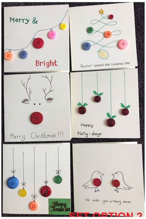 Cards With Buttons, Button Christmas Cards, Diy Holiday Cards, Christmas Cards Kids, Christmas Buttons, Christmas Card Art, Homemade Christmas Cards, Christmas Card Crafts, Easy Christmas Crafts