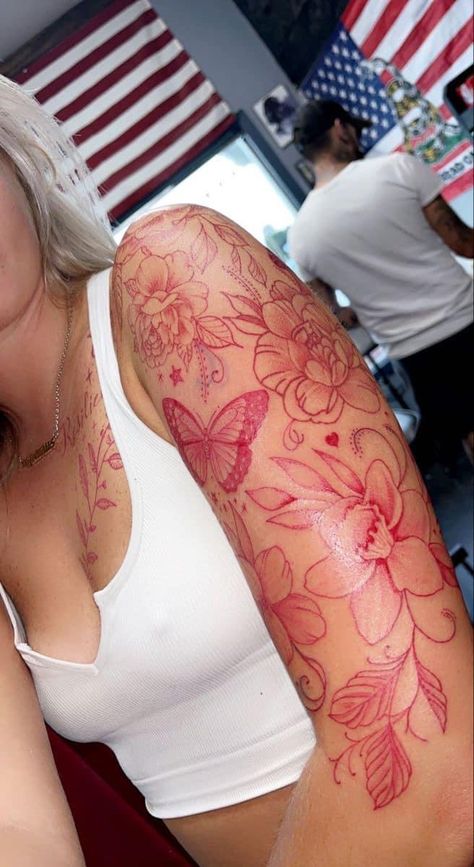 Both Arms Tattoo Woman, Raw Arm Tattoos, Red Arm Sleeve Tattoos For Women, Tats For Female, Red Ink Collar Bone Tattoo, Arm Tattoos Feminine, All Red Sleeve Tattoo, Red Arm Sleeve Tattoo, Red Ink Thigh Tattoos Women