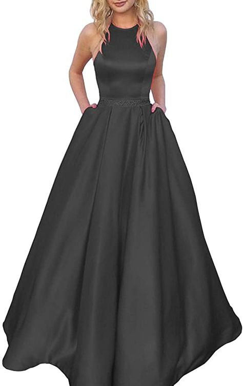 Halter Prom Dresses Long, Satin Prom Dress Long, Gown With Pockets, Halter Prom Dresses, Prom Dress Long, Formal Ball Gown, Long Formal Gowns, Prom Dresses With Pockets, V Neck Prom Dresses