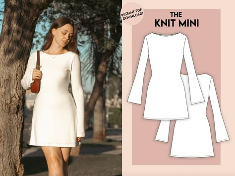 Knit Mini Dress - Sewing Pattern - Instant PDF Download Winter Top Sewing Patterns, Long Sleeve Mini Dress Sewing Pattern, Sewing Must Haves For Beginners, Dress Sewing Patterns Formal, Holiday Dress Sewing Pattern, Pattern Mini Dress, Structured Dress Pattern, Home Sewing Patterns, Sweater Dress Sewing Pattern