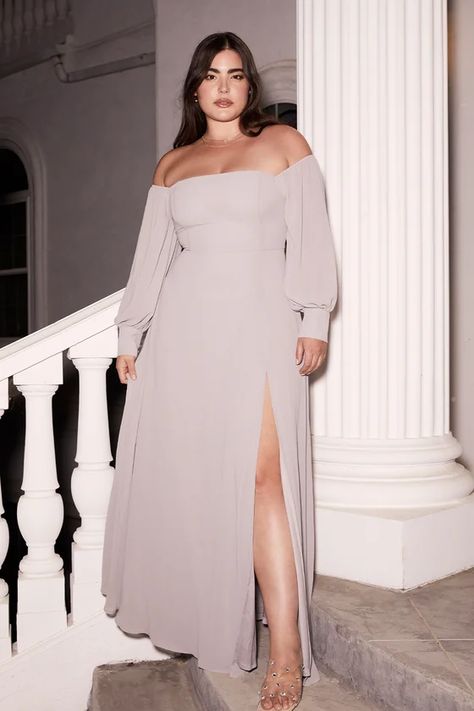 Feel the Romance Off-the-Shoulder Maxi Dress | To keep your wedding party cozy during your winter wedding, check out our round-up of long sleeve bridesmaid dresses that are both warm and trendy. Sleeve Bridesmaid Dress, Wedding Guest Outfit Fall, Long Sleeve Bridesmaid Dress, Sukienki Plus Size, Balloon Sleeve Dress, Plus Size Formal Dresses, Grey Maxi Dress, Meredith Grey, Curvy Dress