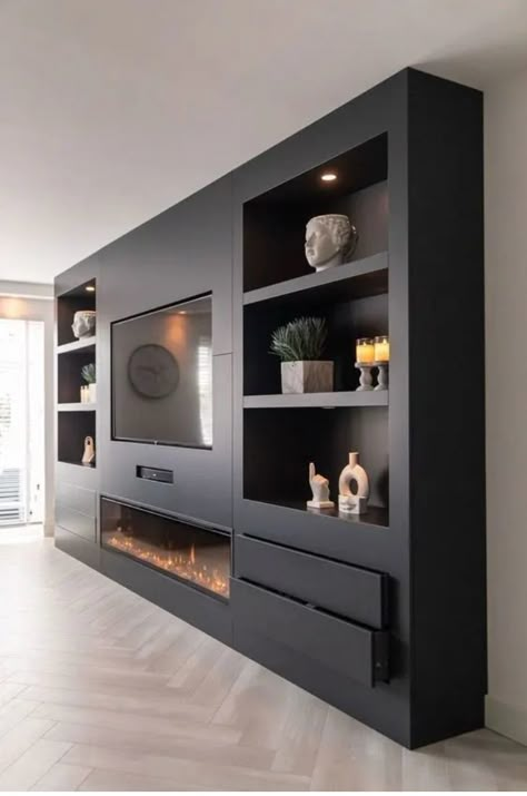 Tv Wall Aesthetic, Grey Tv Cabinet, Basement Tv Wall, Tv Rack Design, Build Fireplace, Wall Shiplap, Wall Units With Fireplace, Tv Cabinet Ideas, Stone Siding Exterior