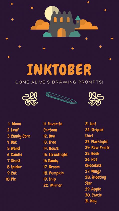 Doodle A Day October, October Drawing Promts, 31 Days Of Halloween Drawings, October Art Prompts 2023, October Art Prompts, October Drawing Prompts, Inktober Prompts 2024, October Drawing Challenge 2024, October Art Challenge 2024