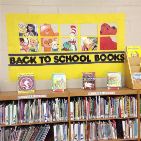 "Back to School Books": book characters on-board a school bus All Characters Welcome Library, Back To School Display, Library Doors, School Library Activities, Bulletin Boards Back To School, Display Case Ideas, Back To School Displays, School Book Fair, Back To School Books