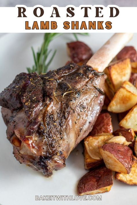 Roasted Lamb Shanks Roast Lamb Shanks, How To Cook Lamb Shanks Easy Recipes, Lamb Shank Recipes, Roast Lamb Shank Recipe, Easy Lamb Shank Recipe, Lamb Shanks Oven, Best Lamb Shank Recipe, Roasted Lamb Shanks, Slow Roasted Lamb