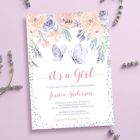 "👶🎀 Get ready to celebrate the arrival of a little princess with our adorable Baby Girl Shower Invitations! 🍼✨ Designed with love and care, they are perfect for welcoming the newest member of the family. Order yours today! #BabyGirlShower #ItsaGirl #BabyShowerInvitations #NewArrival #BabyGirl #ProudParents #CelebrateLife #BabyLove #BabyShowerParty #PartyInvites" Pretty Butterflies, Pastel Butterfly, Butterfly Baby Shower Invitations, Butterfly Invitations, Butterfly Girl, Pastel Butterflies, Elegant Weddings, Spring Baby Shower