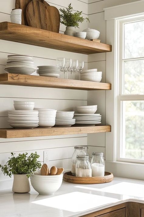 "Add a touch of elegance to your kitchen with Open Shelving! 🥘✨ A great way to display your favorite items and keep things organized. 🌿✨ #OpenShelvesInspiration #KitchenStyle #HomeDecor" Farmhouse Kitchen Counter Decor, Kitchen Shelves Styling, Kitchen Open Shelves, Kitchen Cabinet Inspiration, Kitchen Floating Shelves, Coastal Kitchen Decor, Kitchen Shelf Decor, Floating Shelves Kitchen, Open Kitchen Shelves