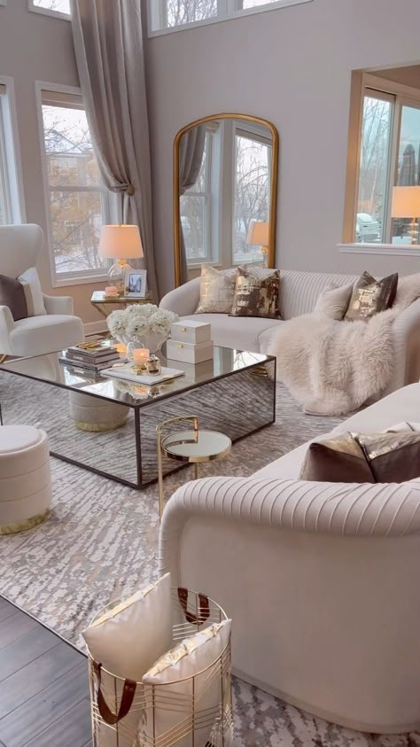 Farah Merhi (@farahjmerhi) • Instagram photos and videos Cream Living Room Aesthetic, Cream Home Interior, Gold And Neutral Living Room, Cream Gold Living Room, Medium Living Room Ideas, Gold Furniture Living Room, Gold And White Living Room, Neutral Glam Living Room, Cream And Gold Living Room