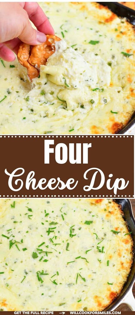 This easy Four Cheese Dip is smooth, creamy, and extra cheesy made with four different kinds of flavorful cheese! Fresh chives and parsley add just the right flavor to this rich and savory cheese dip. 5 Cheese Dip Recipes, 3 Cheese Dip Recipes, Dominoes Cheese Dip, Cheesy Dipping Sauce, Three Cheese Dip Recipes, Cheese Dip Recipes For Bread, Best Cheese Dip Ever, Sharp Cheddar Cheese Dip, Melted Cheese Dip Recipes