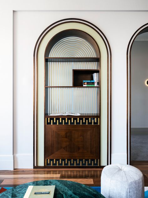 New England Revival By Luchetti Krelle | Habitus Living Restaurant Banquette, Arte Art Deco, Arched Doorway, Steel Frame Doors, Elegant Draperies, Art Deco Hotel, Design Café, 1920s Vintage, Geometric Carpet