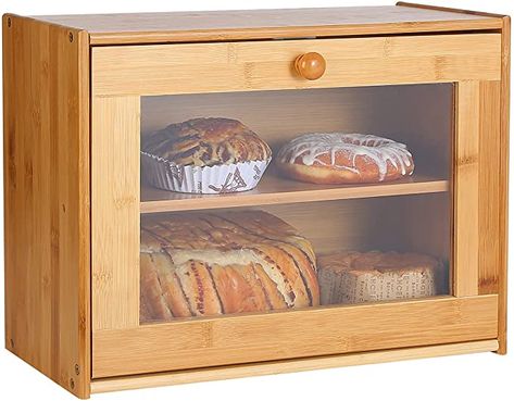 Amazon.com - HOSEN Extra Large Bread Box ，Bamboo Bread Boxes with Clear Window，Bread Storage Bin,Bread Box For Kitchen Countertop,Farmhouse Style Bread Holder (16×6.7×12”) - Bread Holder, Farmhouse Bread, Wooden Bread Box, Countertop Shelf, Bread Container, Bread Slicer, Storage Bins Organization, How To Store Bread, Bread Storage