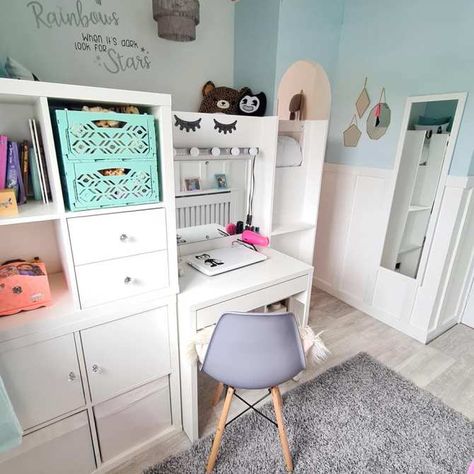 Bunk Bed Hacks, Kids Room Divider, Bedroom Divider, Girls Bunk Beds, Ikea Spice Rack, Shared Girls Bedroom, Light Blue Walls, Shared Bedroom, Shared Room