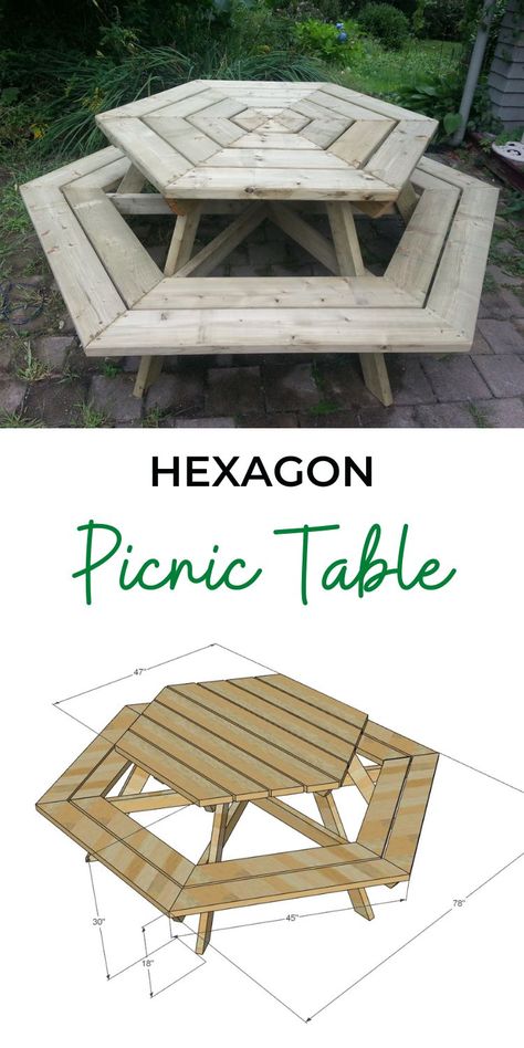 Hexagon Picnic Table, Hexagon Patio Table, Painted Picnic Table Ideas Diy Projects, How To Build A Picnic Table, Diy Picnic Table Easy, Diy Table And Chairs, Picnic Table Ideas, Patio Picnic Table, Picnic Table Diy