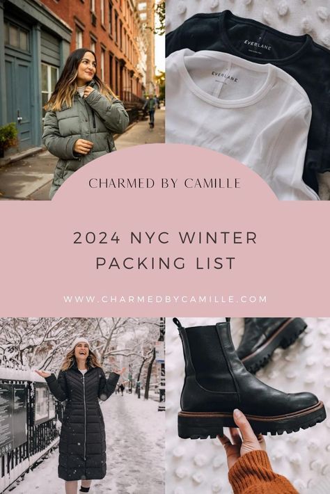 Winters in New York can be chilly and it can be difficult to know what clothing to bring for a trip. Charmed By Camille today is sharing her 2024 NYC packing guide perfect for the winter season. From boots and coats to gloves and turtlenecks, make sure you bring everything you need for your next Winter vacation to New York! Follow for more packing guides, winter fashion trends, and NYC travel tips. New York Checklist Packing, Womens New York Winter Outfits, Womens Nyc Winter Fashion, Outfits In New York Winter, Ny February Outfit, Trendy Nyc Outfits Winter, Nyc Winter Clothes, New York City Outfits Winter Classy, New Years New York Outfit