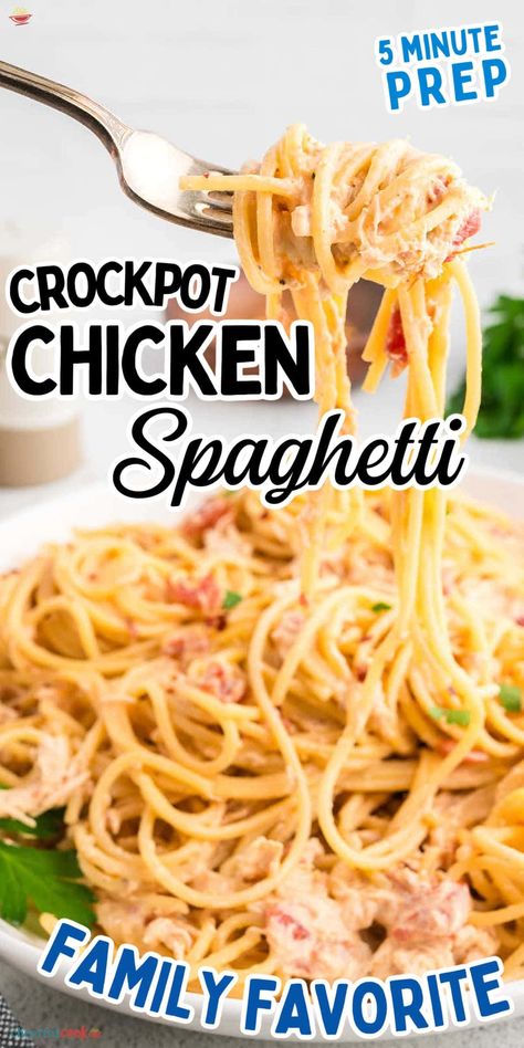 Discover how to make the easiest and most delicious Crockpot Chicken Spaghetti with just a few simple ingredients. Perfect for a comforting family dinner! #CheerfulCook #ChickenSpaghetti #SlowCookerRecipes #WeeknightDinner #CrockpotRecipes ♡ cheerfulcook.com Crockpot Chicken Spaghetti With Rotel, Crockpot Chicken Spaghetti Recipe, Quick And Easy Crockpot Recipes, Chicken Spaghetti Recipe Crockpot, Chicken Rotel, Quick Comfort Food, Rotel Chicken Spaghetti, Use Rotisserie Chicken, Crockpot Chicken Spaghetti