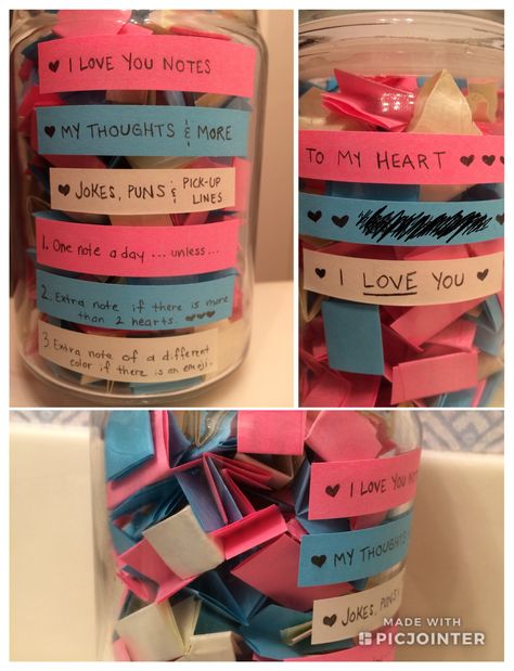 I made this for my boyfriend as a new year’s gift. I made the notes over a period of a couple months and filled them with messages from love notes to inside jokes. Very easy and creative gift. I even put it in a jar that once held a candle cause he’s the light of my life <3 Notes In A Jar, Birthday Surprise For Girlfriend, Valentines Bricolage, Handmade Gifts For Boyfriend, Anniversaire Diy, Parents Christmas, Perfect Gift For Girlfriend, Bf Gifts