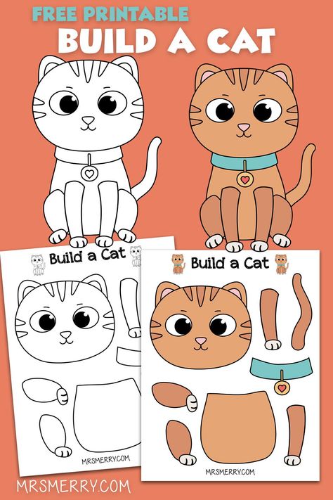 Build a cat with our free build-a-cat template.  Available in black and white or a colored-in version. Just color, cut and create! A great activity for toddlers and elementary school students. #buildactivitiesforkids #freekidsprintables #buildananimal #freeprintables #papertoysforkids #freekidsactivities #freekidscrafts #mrsmerry Build A Cat Printable, Cat Activities For Toddlers, Cat Template Free Printable, Cat Activities For Preschool, Kitten Activities, Cat Crafts For Kids, Coloring Pages Cat, Free Kids Printables, Cat Bday