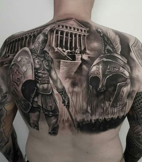 Spartan Tattoo Back Piece, Roman Army Tattoo, Roman Back Tattoo Men, Gladiator Back Tattoo, Gladiator Chest Tattoo, Spartan Back Tattoo, Roman Back Tattoo, Roman Tattoo Sleeve, Roman Gladiator Tattoo Design