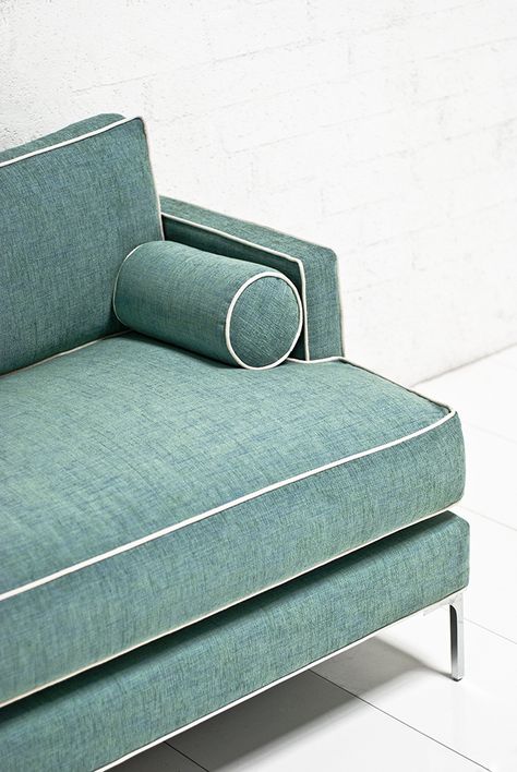 aqua with white piping - Room Service LA Blue Couches, Green Couch, Modern Furniture Stores, Modern Sofas, Blue Sofa, White Sofas, Sofa Upholstery, Furniture Details, Cool House Designs