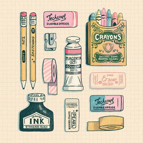 Some of my favourite art supplies 💗 so delighted to see @thetuesdaycollective theme this week... Crayons! Such a favourite but also had to … | Instagram Cute Stuff To Doodle, Art Supply Illustration, Cute Stuff To Print, Cute Product Design, Art Supply Drawing, Art Supplies Illustration, Cute Art Supplies, Art Tools Illustration, Planner Illustrations