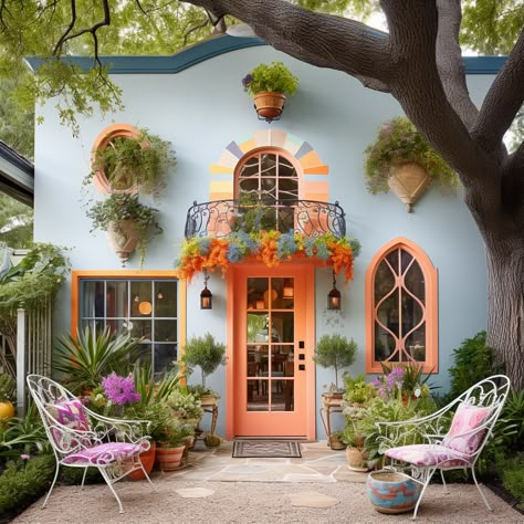 Mexico Homes Hacienda Style, Funky Exterior House, Mexican House Colors Exterior, Eclectic House Exterior, Colorful Exterior House, Colorful Mexican House, Boho House Exterior, Thailand House, House Color Palettes