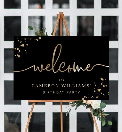 "Editable Welcome Sign, Black Gold Printable Unisex Birthday Welcome Sign, Male Party Welcome Sign, Retirement Party * TRY BEFORE YOU BUY * Copy and Paste the below link into your interest browser to try a demo of the template before purchasing: https://www.corjl.com/d/14CAL3 * Welcome heading can be moved but not edited * This is a Do-It-Yourself editable Welcome Sign template using Corjl.com - We do not edit for you. Easily edit the template using corjl.com - an online template editor that all Black Tie Birthday Party Ideas, Black And Gold Party Decorations, 70 Birthday, Black And Gold Theme, Party Entrance, Gold Printable, Birthday Welcome Sign, Party Welcome Sign, Gold Party Decorations