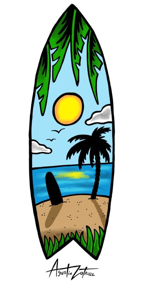 Paradise board #beach #board #surfart #art #sketch #surf Beach Logo Design Graphics, Surf Board Cartoon, How To Draw A Surfboard, Beach Cartoon Drawing, Surf Up, Surf Board Drawing, Beach Drawing Ideas, Surf Sketch, Surfer Illustration