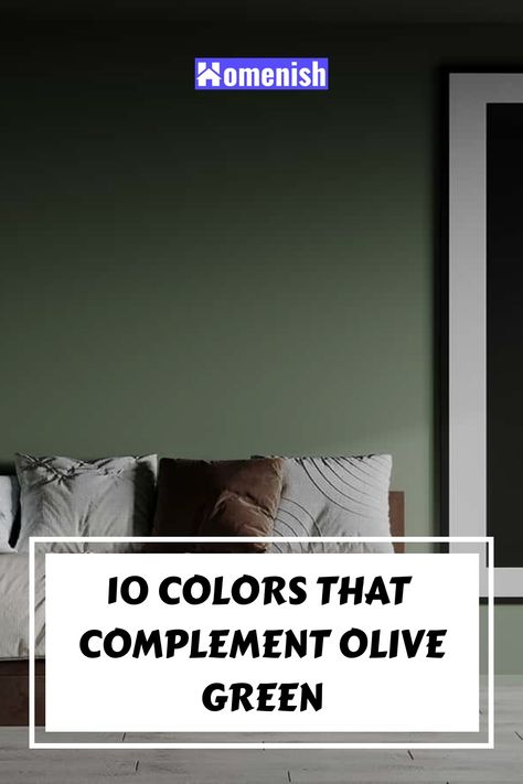 10 Colors that Complement Olive Green Dark Olive Interior, Olive Green Small Bedroom, Olive Green Sitting Room Ideas, Dark Olive Green Room, Black White And Olive Green Bedroom, Color Palettes With Olive Green, Olive Green Bedroom Walls Color Pallets, Colors That Go With Avocado Green, Bedroom With Olive Green Accents