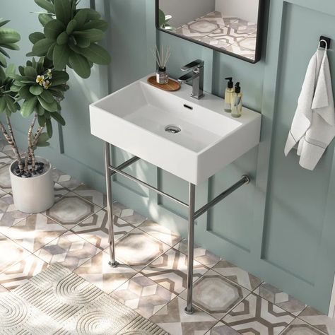 DeerValley 24" x 17'' White Rectangular Single Faucet Hole Console Bathroom Sink with Overflow & Reviews | Wayfair Sink Legs, Console Bathroom Sink, Bathroom Sink Design, Bathroom Console, Bathroom Sink Tops, Rectangular Sink Bathroom, Rectangular Bathroom, Console Sink, Console Sinks