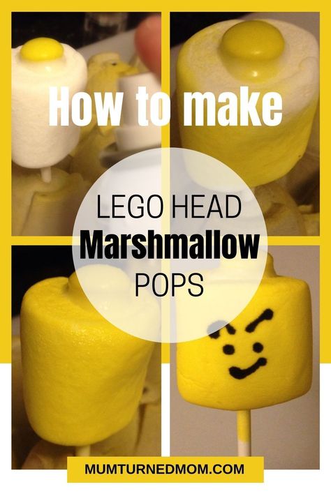 Lego Head Marshmallow Pops, Lego Marshmallow Heads, Lego Recipes, Lego Marshmallow Pops, Lego Party Cupcakes, Lego Treats, Lego Party Snacks, Lego Party Food Ideas, Diy Lego Birthday Cake