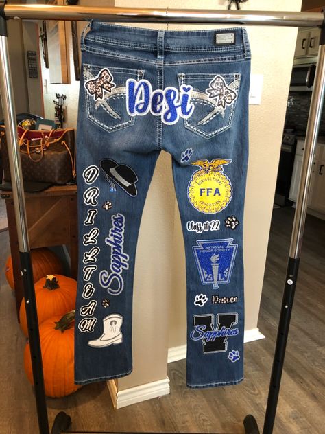 Robert Vela Homecoming Jeans with Dance, FFA, NHS accents Homecoming Jeans Ideas High Schools, Homecoming Pants Ideas, Spirit Jeans Homecoming, Senior Homecoming Jeans, Graduation Memories Ideas, Senior Diy, Hoco Pants, Homecoming Jeans Ideas, Homecoming Jeans