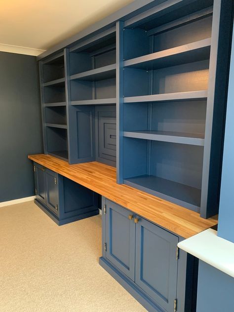 Farrow And Ball Stiffkey Blue, Corner Seating Kitchen, Bespoke Office, Desk Library, Built In Desk And Shelves, Desk Wall Unit, Crafting Space, Home Library Rooms, Stiffkey Blue