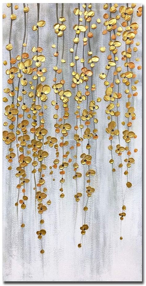 Oil Painting Decor Living Rooms, Wood On Canvas Art, Metalic Painting Ideas On Canvas, Painting With Gold Paint, 3 Paintings On Wall Ideas, Hanging Flowers Painting, Paint On Wall Ideas, Artistic Painting Ideas Artworks, Hanging Paintings On The Wall Ideas