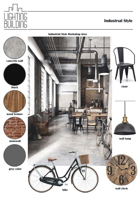 Industrial Mood Board, Industrial Style Interior Design, Design Portfolio Layout, Interior Design Presentation Boards, Industrial Style Living Room, Materials Board Interior Design, Industrial Style Interior, Industrial Cafe, Mood Board Interior