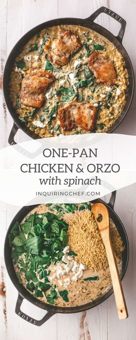 Tender chicken is baked over creamy orzo pasta with goat cheese and spinach in this one-pan meal that the whole family will love! Orzo With Spinach, Creamy Orzo Pasta, One Pan Recipe, Chicken And Orzo, Creamy Orzo, Goat Cheese Stuffed Chicken, Recipes List, Goat Cheese Pasta, One Pan Meal