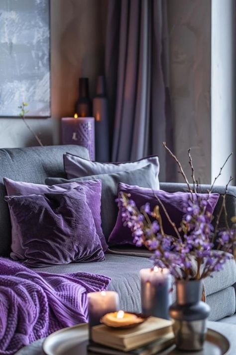 Chic Grey and Purple Living Room Decor Ideas Purple Accent Living Room Decor, Living Room Designs Purple, Living Room Ideas Purple And Grey, Purple Sofa Living Room Ideas, Purple Office Aesthetic, Purple Grey Aesthetic, Grey And Purple Living Room, Light Purple Living Room, Purple Living Room Decor