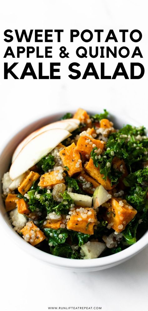 This flavorful sweet potato apple kale and quinoa salad proves that salads don't have to be bland. Loaded with flavor from fresh ingredients – this quinoa salad makes for a satisfying lunch or quick dinner! #quinoasalad #powersalad #quinoarecipes #quinoasaladrecipes #quinoasaladmealprep quinoasaladrecipeshealthy Kale And Quinoa Salad, Easy Quinoa Salad, Sweet Potato Apple, Kale And Quinoa, Quinoa Kale, Kale Quinoa Salad, Power Salad, Sweet Potato And Apple, Salad Meal Prep