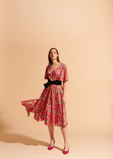 Robe mi-longue roze en crêpe viscose imprimé floral - femme - tara jarmon Tara Jarmon, Summer Dresses, Floral