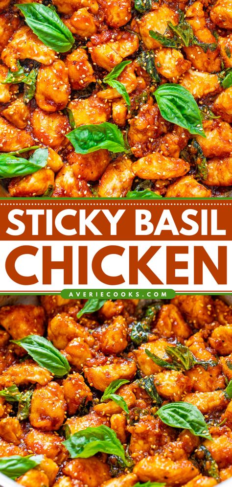 Spicy Basil Chicken Recipe (Quick & Easy!) - Averie Cooks Healthy Sesame Chicken, Fresh Basil Recipes, Baked Teriyaki Chicken, Amazing Chicken, Asian Restaurant, Basil Recipes, Basil Chicken, Thai Restaurant, Poultry Recipes