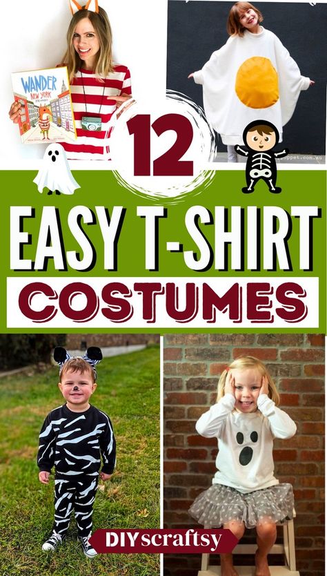 12 DIY T-Shirt Costume Ideas for Halloween Last Minute Diy Kids Halloween Costumes, Simple Homemade Halloween Costumes, Diy Easy Kids Costumes, Easy Diy Girls Halloween Costumes, Cricut Halloween Costume Ideas, Easy Animal Costumes Diy, Easy Diy Family Costumes, Easy Last Minute Halloween Costumes Kids, Simple Diy Halloween Costumes For Kids