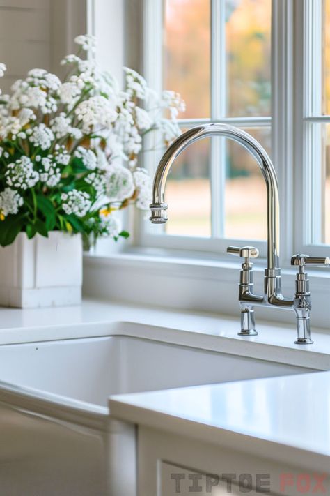 white countertops chrome faucet white sink Farmhouse Kitchen Faucet Ideas, Polished Nickel Kitchen Faucet, Polished Nickel Kitchen, Modern Kitchen Makeover, Kitchen Faucet Ideas, Kitchen Pop, Gold Kitchen Faucet, Vintage Faucet, Farmhouse Sink Faucet