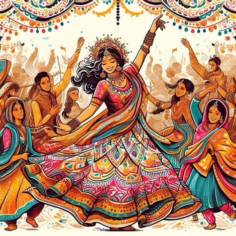 Create a vibrant and lively vector illustration capturing the essence of Navratri celebrations, with a focus on people joyfully dancing the traditional garba dance in traditional attire. Showcase the energy and colors of this cultural festival, with intricate patterns, lively music, and a sense of unity among the participants. Your illustration should convey the spirit and enthusiasm of Navratri while highlighting the beauty of the garba dance." Garba Dance Painting, Navratri Festival Memory Drawing, Garba Illustration Art, Cultural Dance Art, Garba Painting Navratri, Ras Garba Images, Indian Music Illustration, Garba Illustrations, Garba Sketch