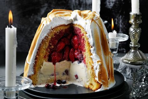 Begin this recipe at least a day ahead. You will need a kitchen blowtorch. Bombe Alaska, Perfect Christmas Dessert, Raspberry Meringue, Summer Pudding, Pineapple Sorbet, Gingerbread Cake, Cake Cover, Christmas Pudding, Ice Cream Cake