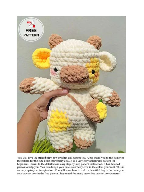 Strawberry Cow Crochet Pattern Free, Strawberry Cow Crochet Pattern, Crochet A Cow, Crochet Plushies Free Pattern, Vaca A Crochet, Crochet Cow Free Pattern, Cow Crochet Pattern Free, Strawberry Cow Crochet, Crochet Edging Pattern