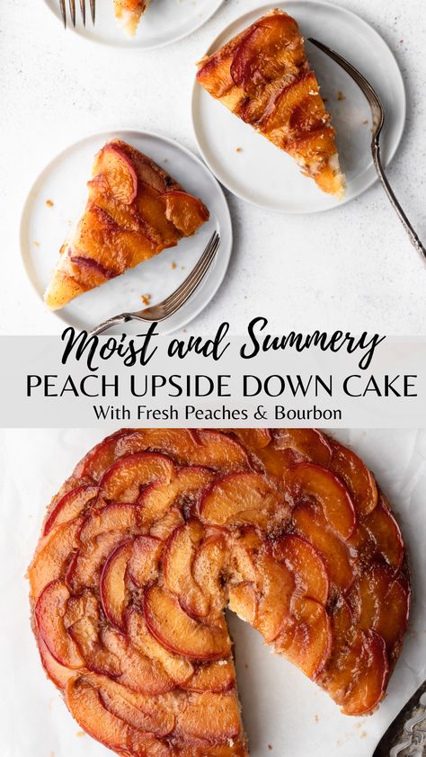 Peach Upside Down Cake - Topped With Honey Peach Upside Down Cake Recipe, Summer Produce Recipes, Summertime Desserts, Brown Sugar Caramel, Peach Cake Recipes, Upside Down Cake Recipe, Peach Upside Down Cake, Sliced Peaches, Lemon Poppyseed Bread