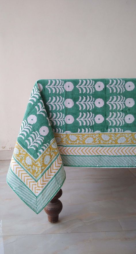 Green Floral Tablecloth Indian Block Print Table Cloth - Etsy UK Summer Tablecloth Ideas, Dining Table Cloth Decor, Tablecloth Design Ideas, Indian Block Print Tablecloth, Block Print Tablecloth, Branded Tablecloth, Painted Table Cloth, Batik Tablecloth, Tablecloth Inspiration